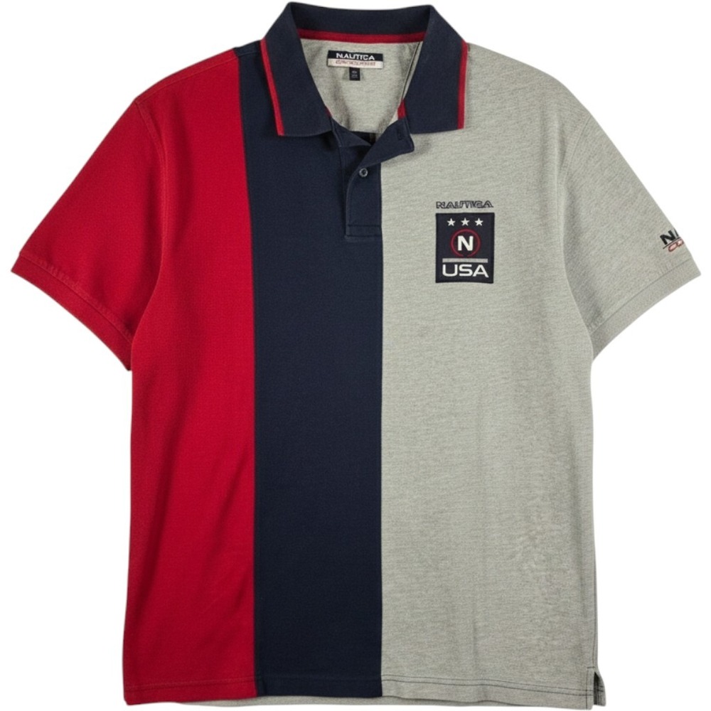 Nautica Competition Polo Shirt XXL Color Block USA Logo Red Navy Gray